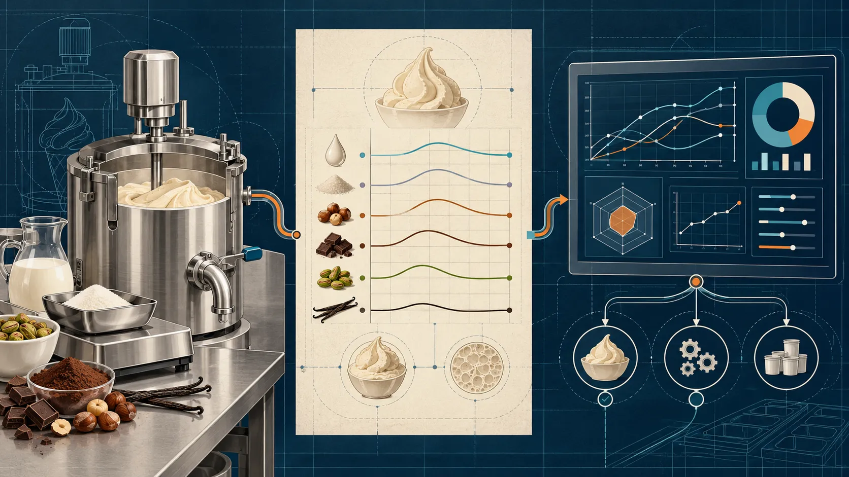 Technical diagram connecting lab work, recipe balancing and a control dashboard.