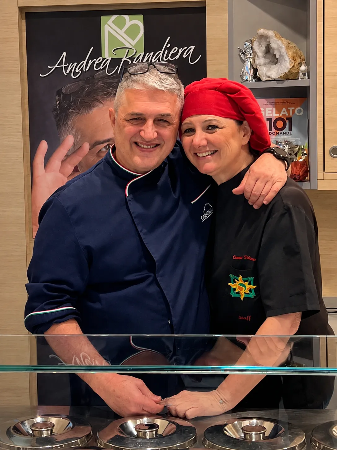 Andrea Bandiera with another person at the Cremeria Scirocco counter.