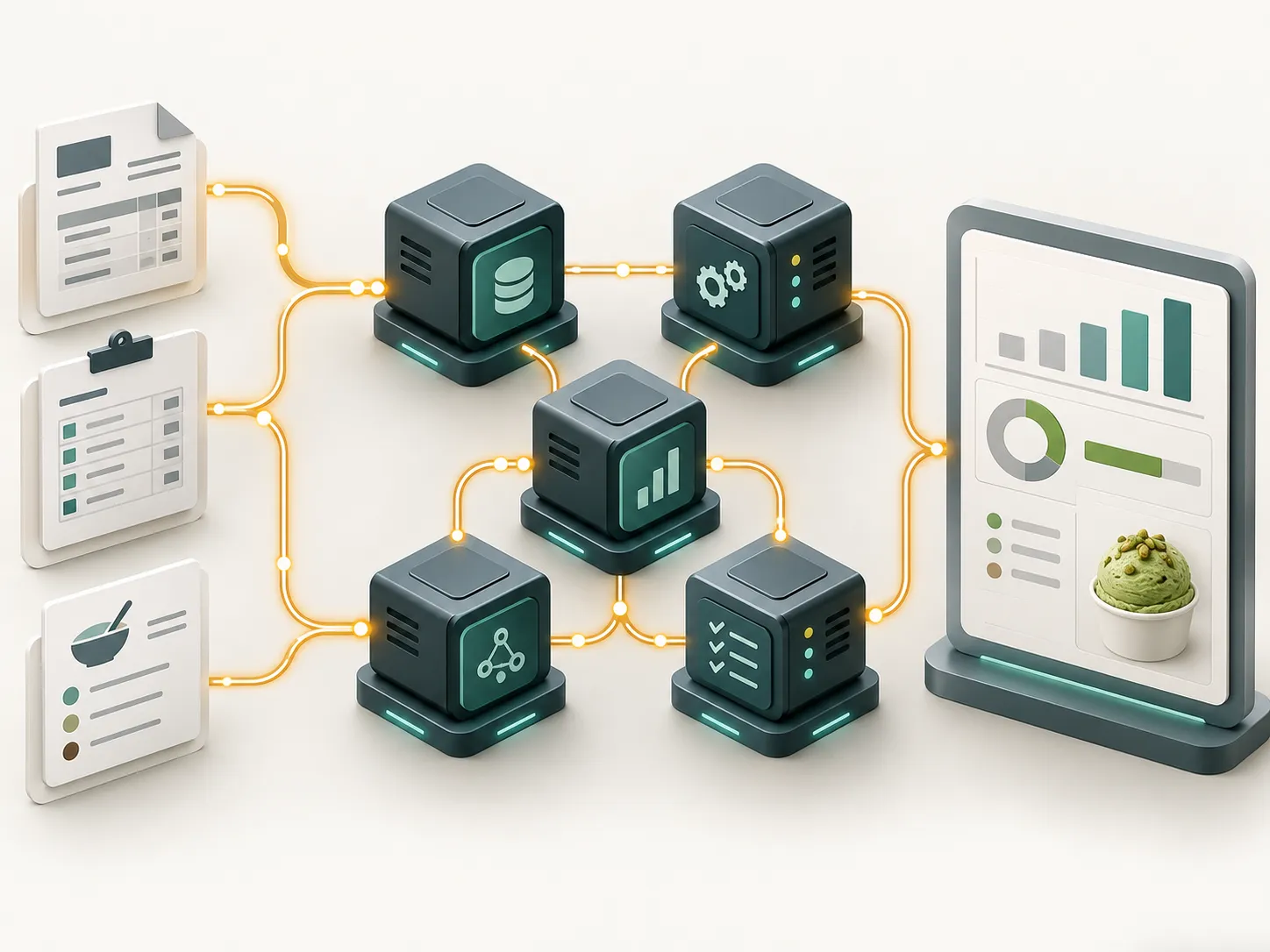 Technical diagram of automated agents processing documents, recipes and price lists into a cost dashboard.